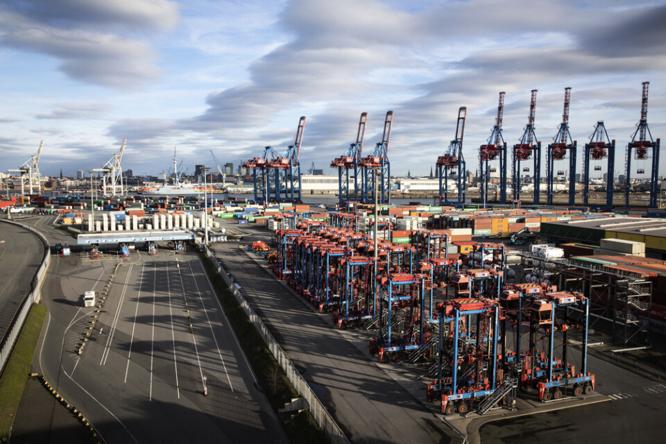 Containerhamnen Tollerort i Hamburg. Arkivbild.