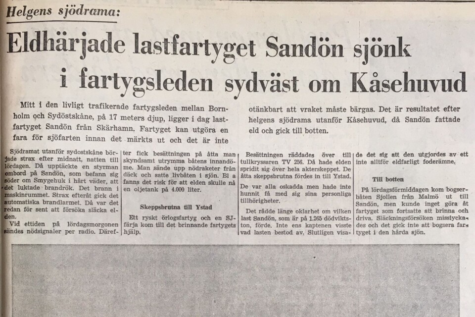 Ystads Allehanda den 7 januari 1975 om Sandön som sjönk efter en kraftig brand.