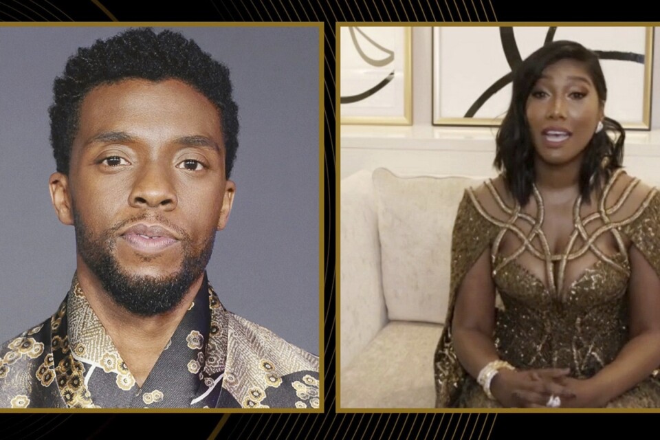 Chadwick Bodemans fru Taylor Simone Ledward Boseman tog emot hans postuma pris för "Ma Rainey's black bottom" på nattens Golden Globe-gala.