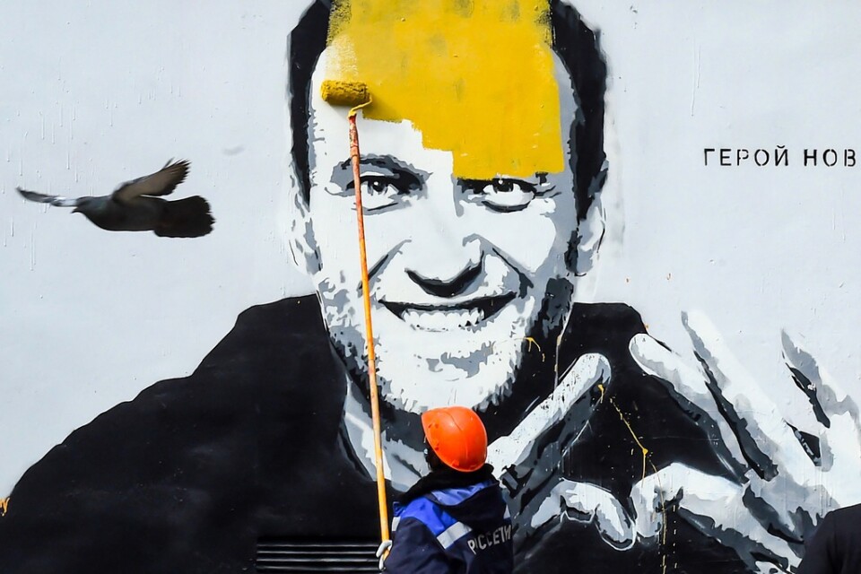 Graffiti på Aleksej Navalnyj i Saint Petersburg målas över. Bilden är tagen i april.
