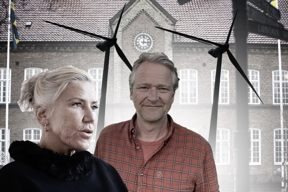 Kustvinds Magnus Jiborn och kommunstyrelsens Ann Kajson Carlqvist (M) står långt ifrån varandra i vindkraftsfrågan. Bilden är ett montage.