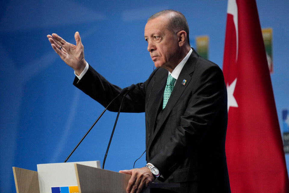 Turkiets president Recep Tayyip Erdogan håller pressträff på Nato-toppmötet.