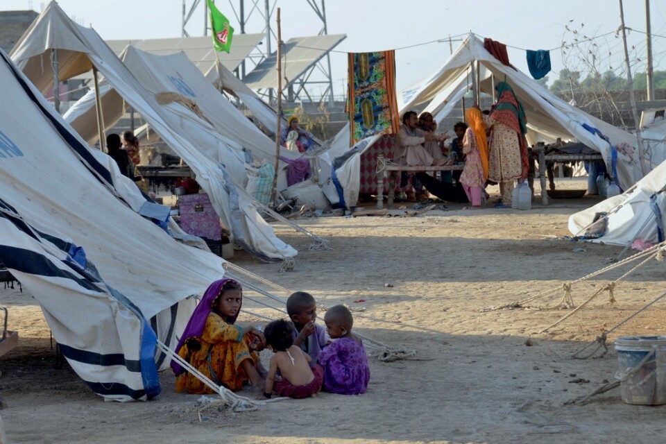 Översvämningsdrabbade barn i ett tillfälligt läger i den sydvästliga pakistanska provinsen Baluchistan. Bild från den 29 september.