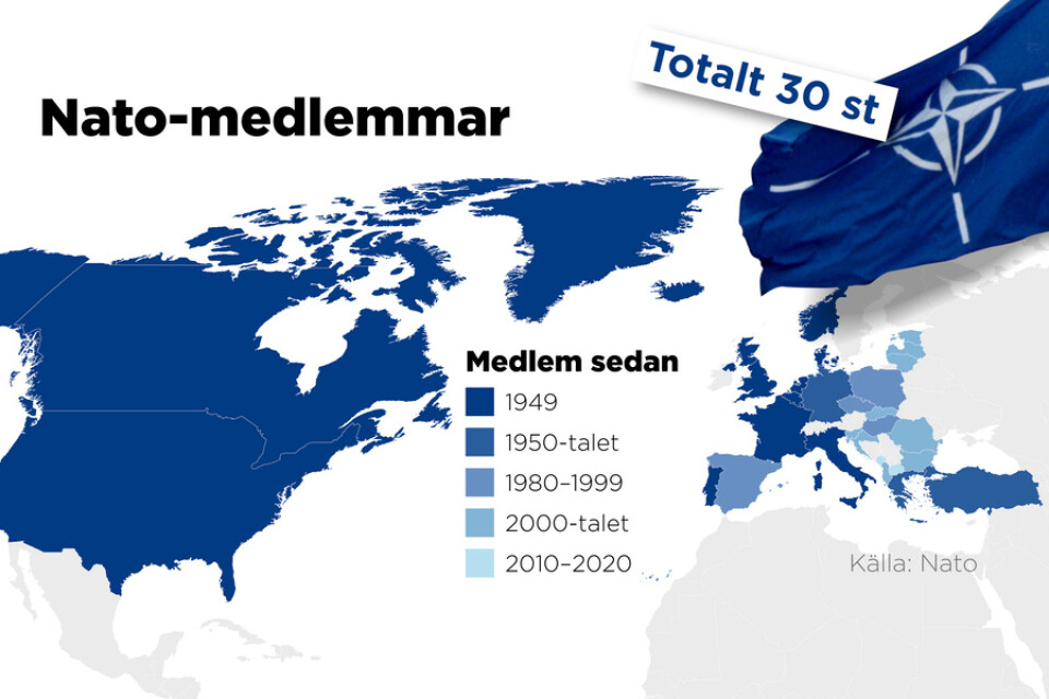 Här finns de 30 medlemsländerna i militäralliansen Nato.