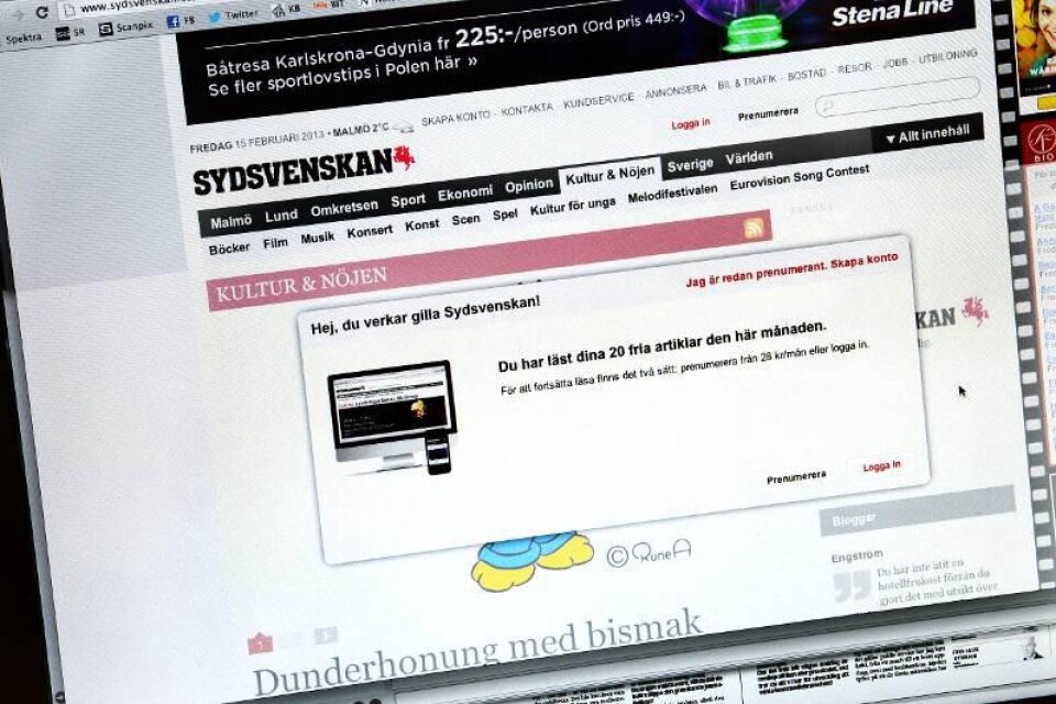Hit, men inte längre. Såvida du inte betalar. Sydsvenskan har i och med februari månad infört en övre gräns för antalet fria texter. Max 20 artiklar/månad är numera gratis.