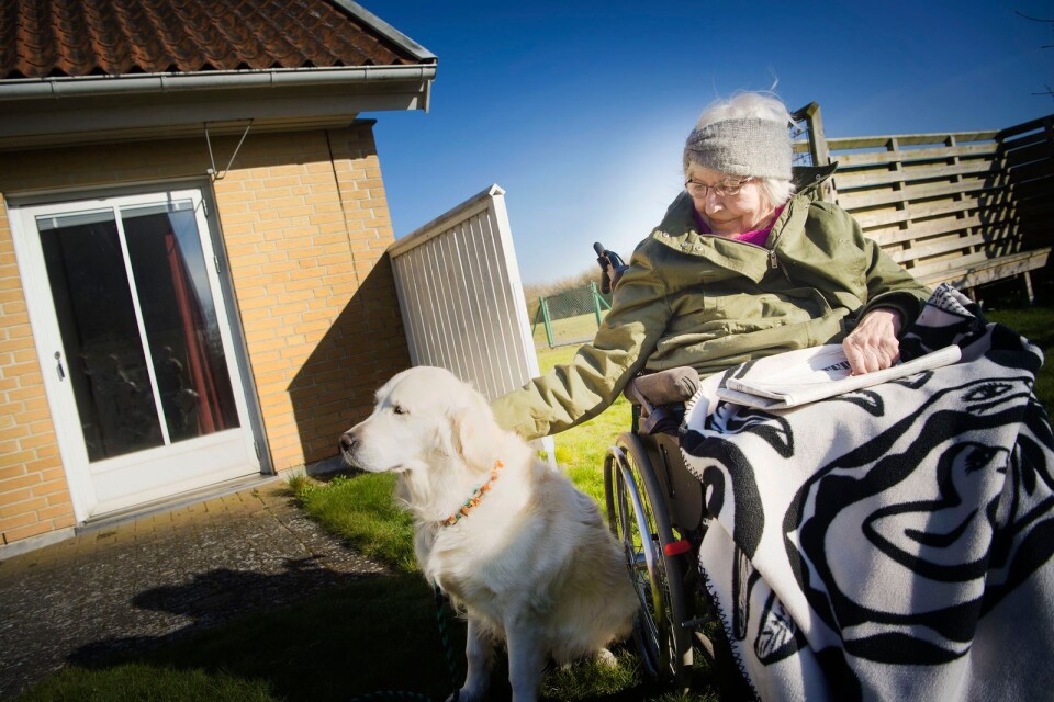 Birgitta Södervall njuter i solen tillsammans med hunden Calaisa som tillhör en tidigare anställd på Axeltorp.