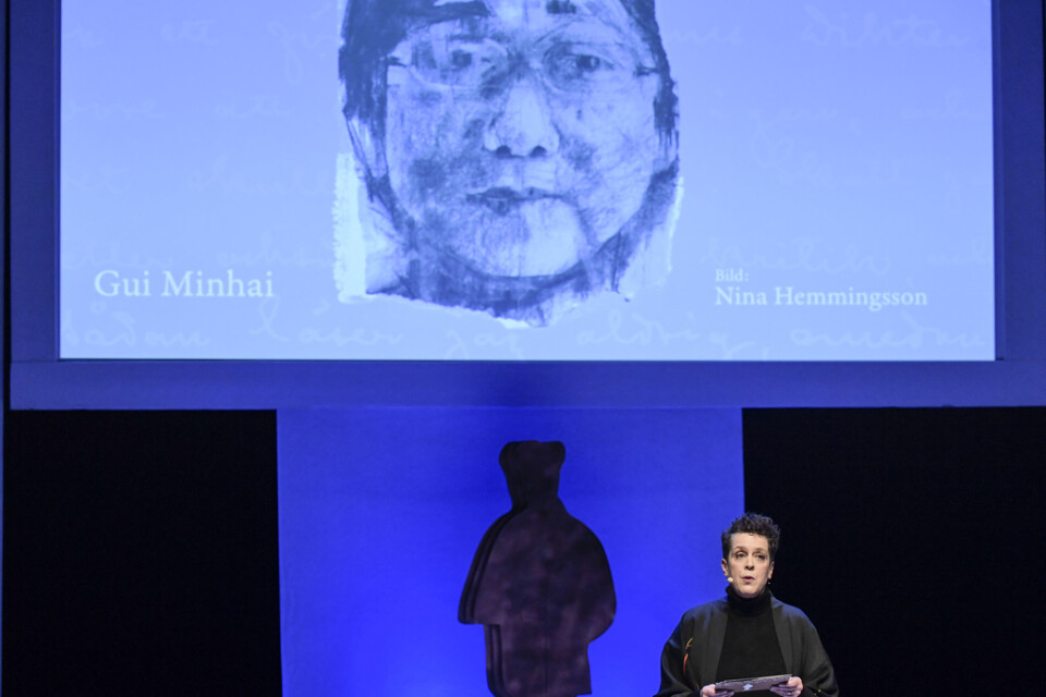 Eva Gerdin, ordförande i Svenska förläggareföreningen, lyfte fram den fängslade kinesiske förläggaren Gui Minhai i sitt tal.