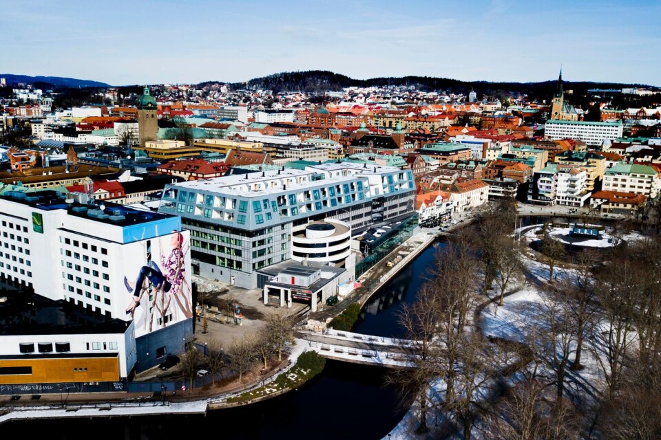 Drönarbild över Borås stadskärna centrum och Pallas.