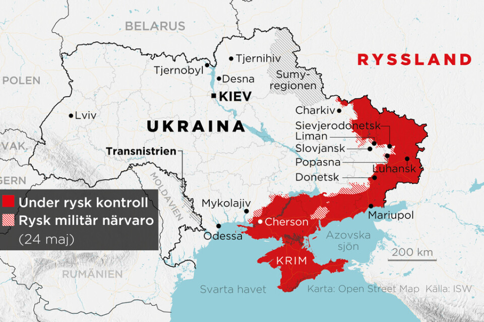Områden under rysk kontroll samt områden med rysk militär närvaro den 24 maj.