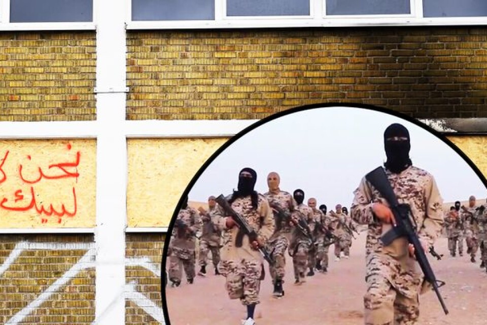 Den aktuella lokalen som utsattes för brandattentatet. Infällda bilden: IS-krigare.