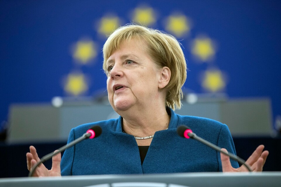 Angela Merkel i Europaparlamentet tidigare i veckan.
