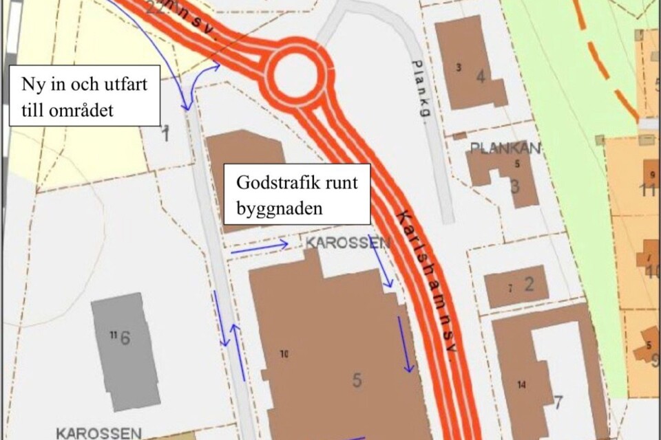 I det nya planområdet i kvarteret Karossen vid Karlshamnsvägen planeras för ny in- och utfart.
