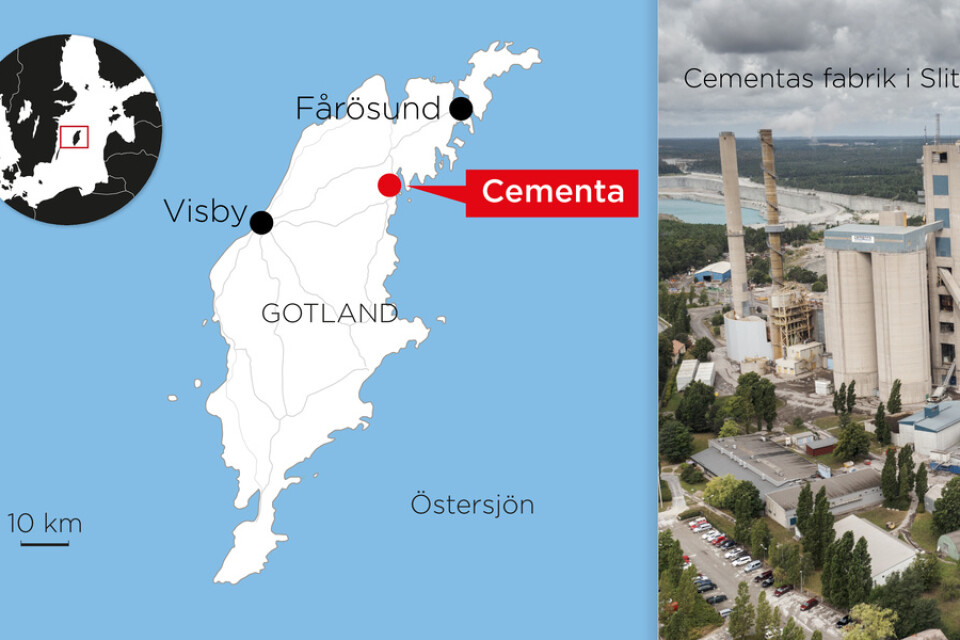 Kartan visar var Cementas anläggning på Gotland ligger.