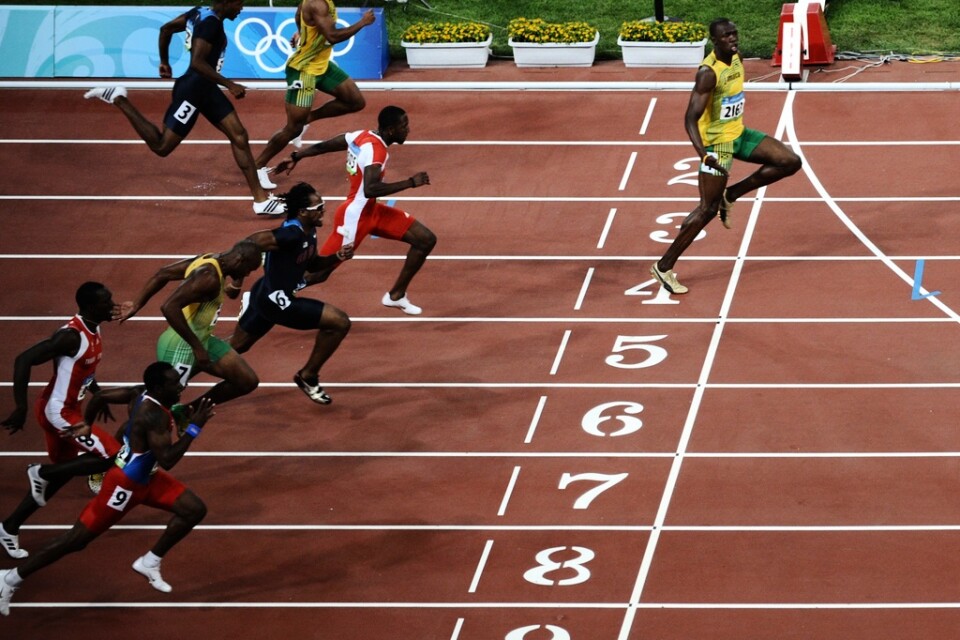 Usain Bolt när han tog OS-guld på 100 meter 2008. Arkivbild.