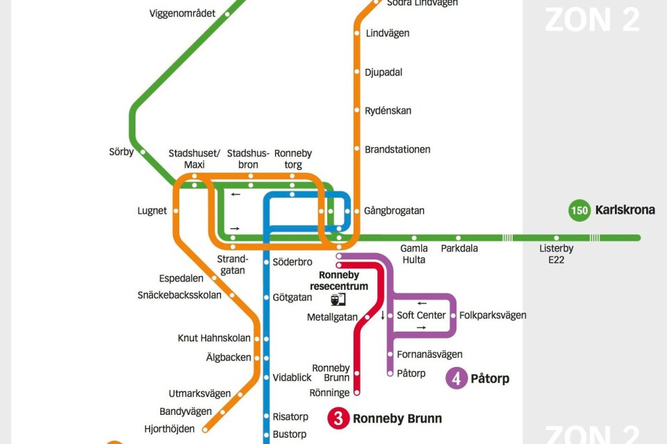 Den nya linjekartan för stadstrafiken i Kallinge och Ronneby.