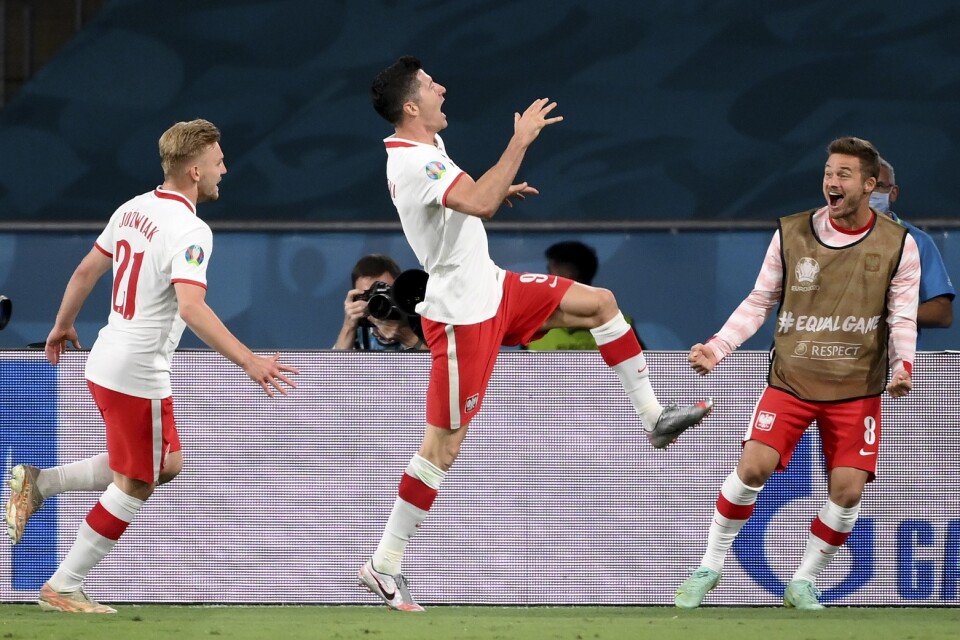 Robert Lewandowski firar efter att ha gjort Polens första mål under lördagens match mot Spanien.