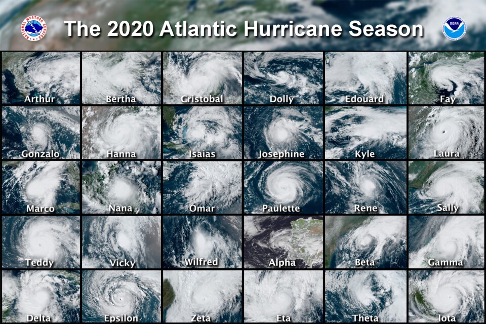 Satellitbilder över 2020 års alla orkaner. 30 stycken, vilket i flera fall fick förödande konsekvenser.