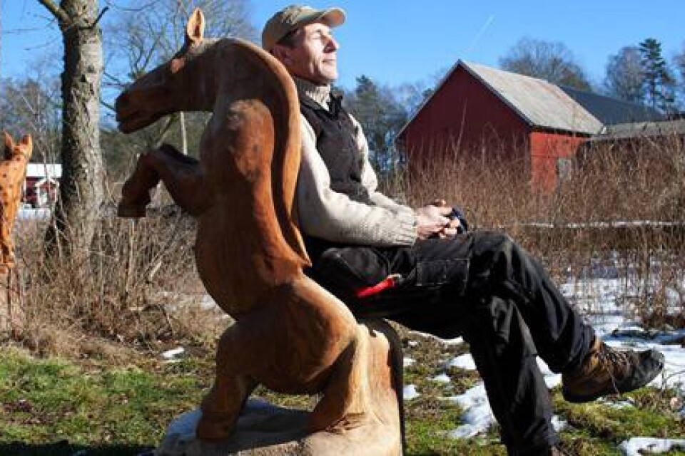 Caspar Teglbjaerg samlar intryck från olika håll som han sedan använder i sina träskulpturer. Här har han gjort en häst med ryggen utformad till stol. I bakgrunden syns ett av hans senaste verk, lodjuret som sitter och spanar ut över skogen.