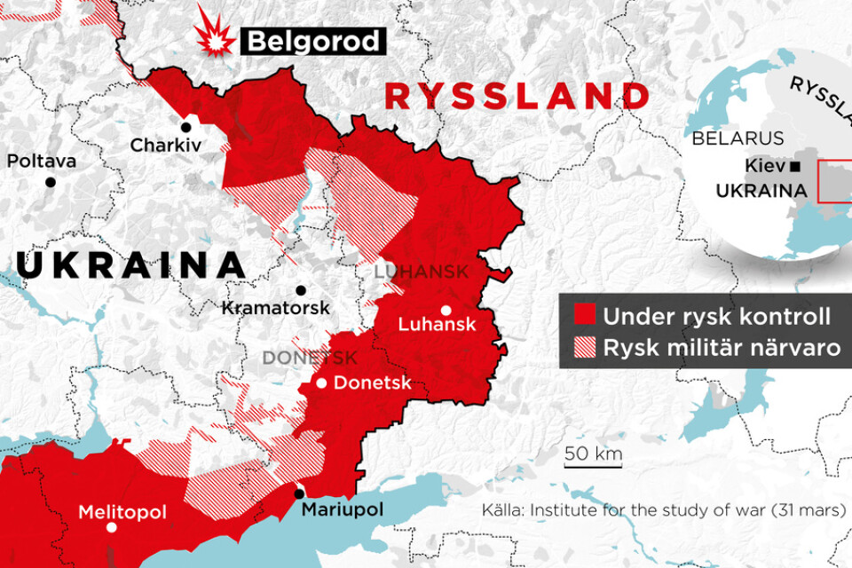 Områden under rysk kontroll samt områden med rysk militär närvaro, 24 februari–31 mars.