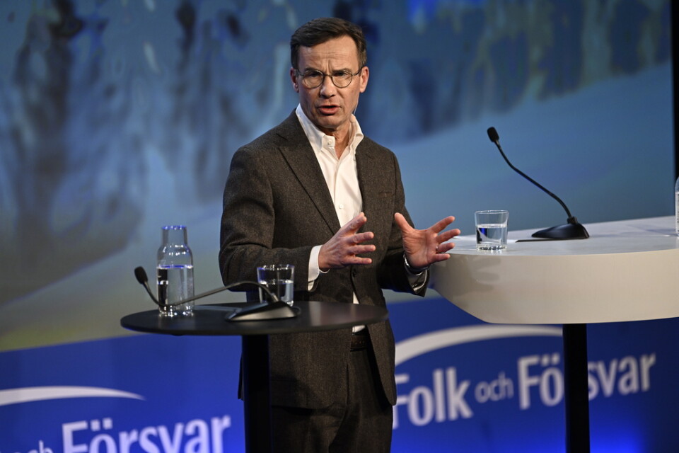 Statsminister Ulf Kristersson (M) under sitt tal på Folk och försvar i Sälen. Arkivbild.