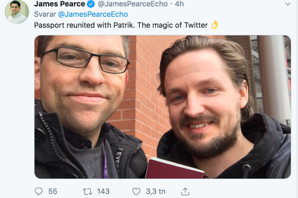 Fotbollsjournalisten James Pearce – med närmare en halv miljon följare på Twitter – berättade själv om det lyckliga slutet och beskrev det som ”the magic of Twitter”.