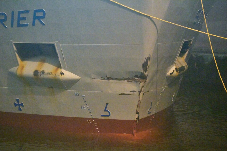 Scot Carrier med skador i fören lade till i hamnen i Ystad i måndags kväll.