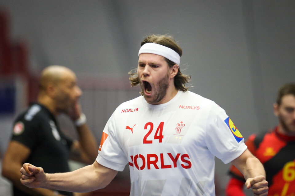 Mikkel Hansen jublar under Danmarks VM-premiär mot Belgien i Malmö arena.