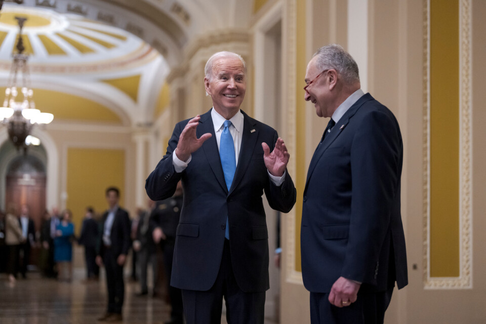 Joe Biden och demokratkollegan Chuck Schumer i glatt samspråk i samband med en lunch i Washington nyligen om den kommande budgeten.