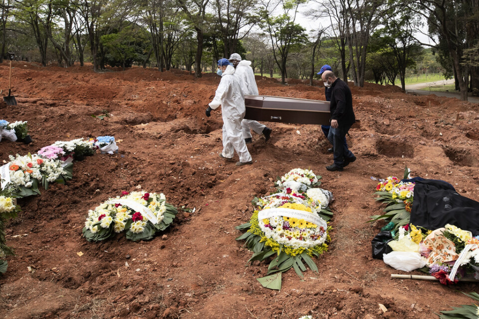 Covid-19 har skördat fler än 90|000 dödsoffer i Brasilien. På bilden en begravning i São Paulo den 15 juli.