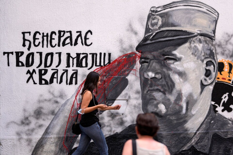 I Belgrad i Serbien har en hyllande muralmålning över krigsförbrytaren Ratko Mladic, som bland annat blivit dömd till livstids fängelse för folkmordet i Srebrenica, rests. I efterhand har någon/några målat dit blod på hans händer som ett slags avståndstagande.