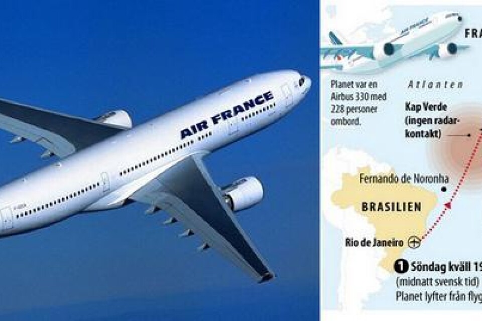 En Air France Airbus 330-200 försvann från radarn på väg till Paris. Svenskar kan ha funnits ombord. Bild: Scanpix Grafik: Svenska Grafikbyrån