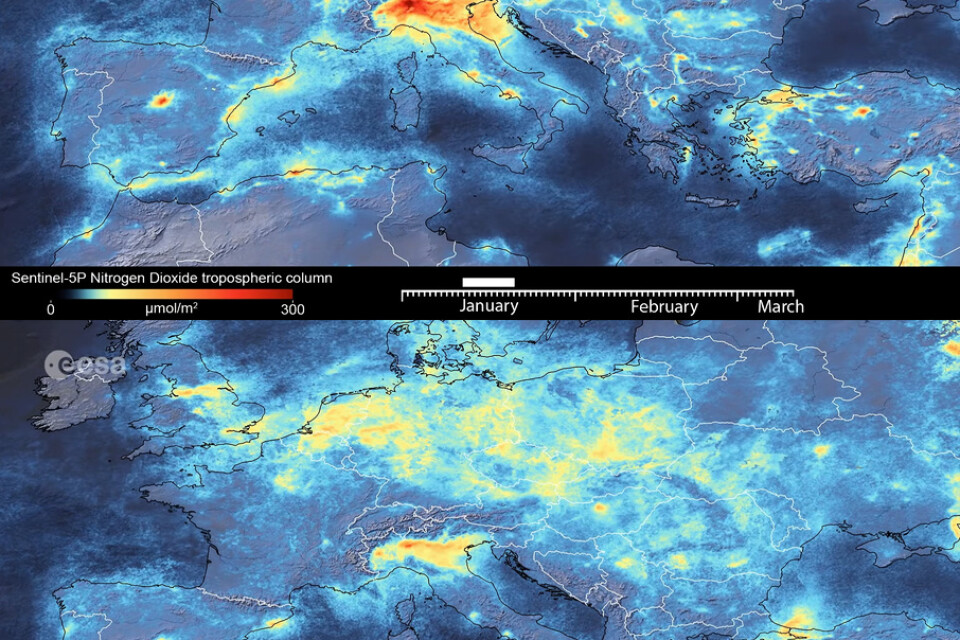 Så här minskade kvävedioxiderna i Europa mellan januari och mars. Arkivbild.