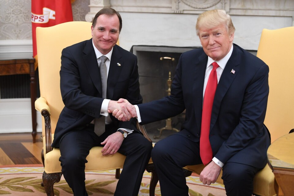 Statsminister Stefan Löfven med USA:s president Donald Trump under deras möte i Vita huset i Washington den 6 mars.