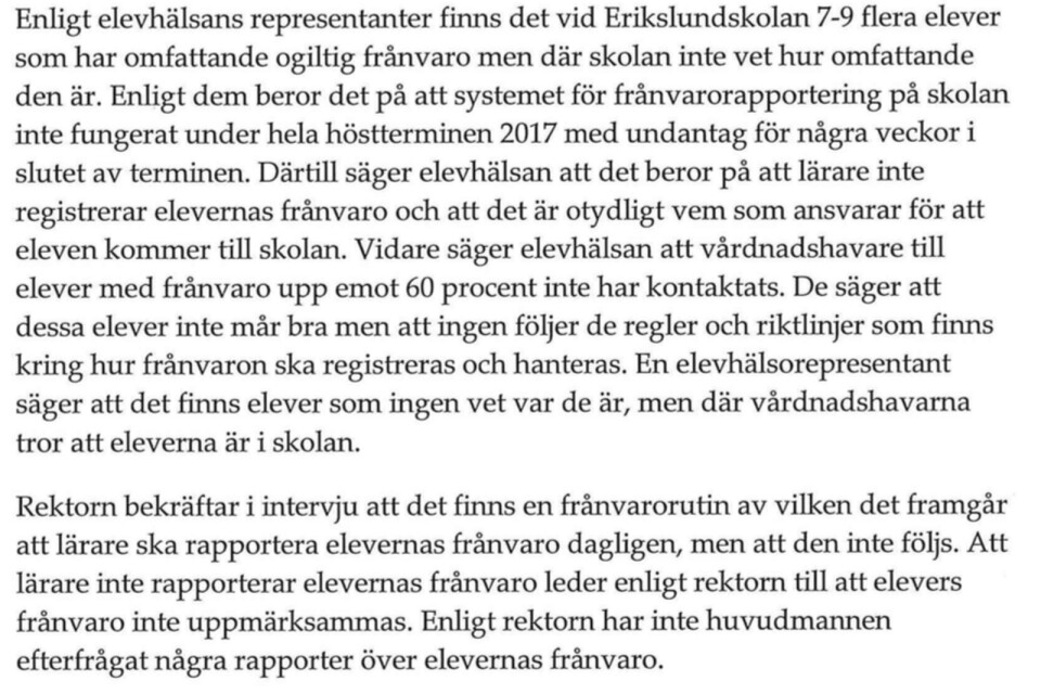 Ur Skolinspektionens rapport om Erikslundskolkan 7-9.