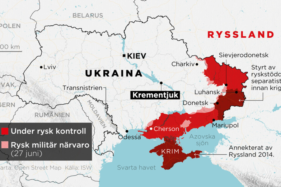 Områden under rysk kontroll samt områden med rysk militär närvaro, den 27 juni.