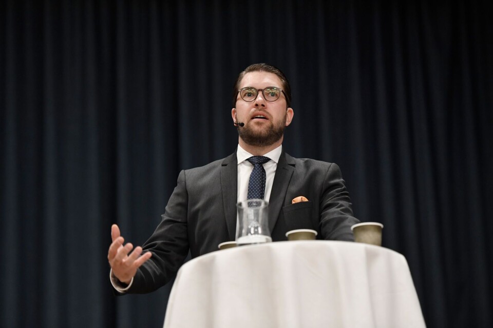 Sverigedemokraternas partiledare Jimmie Åkesson under en EU-debatt i Alvik.