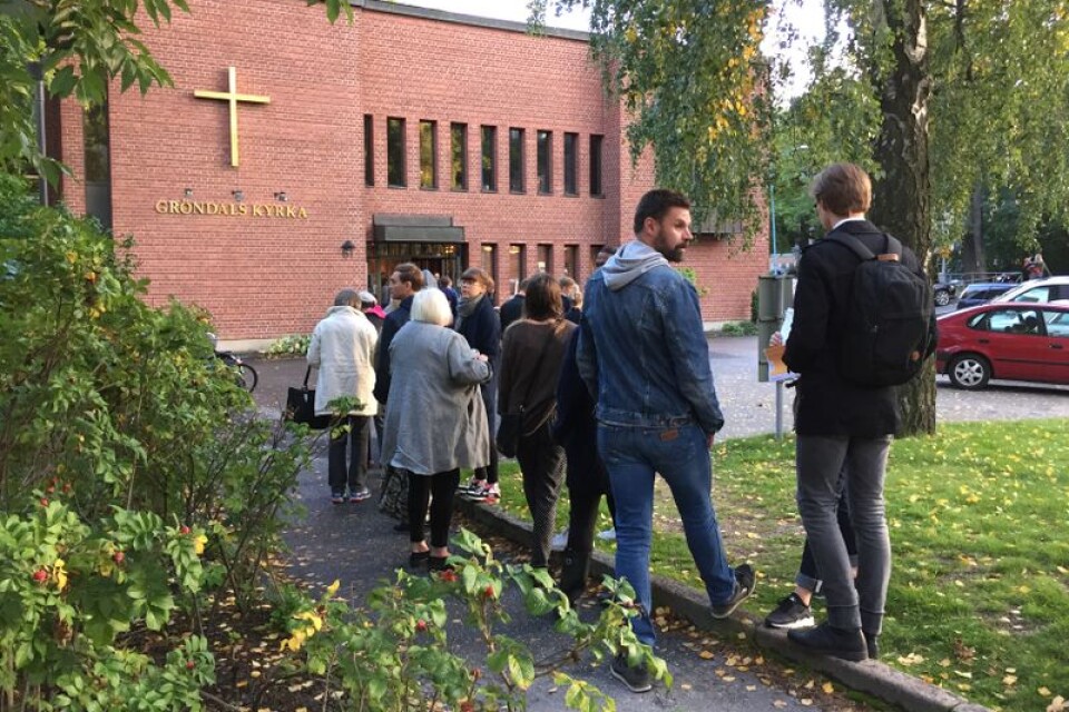 Kön var lång till Gröndals kyrka i södra Stockholm under valdagen. Valdeltagandet ökar från knappa 13 till över 18 procent i kyrkovalet. Det är det högsta valdeltagandet sedan 1950.