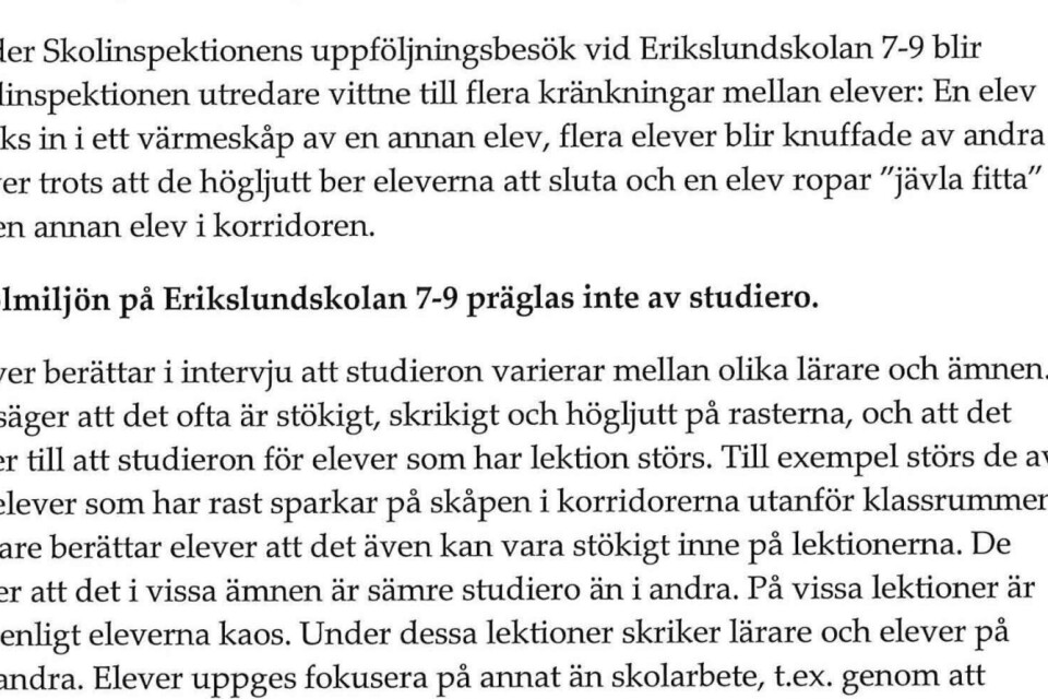 Ur Skolinspektionens nya rapport om Erikslundskolan i Borås.