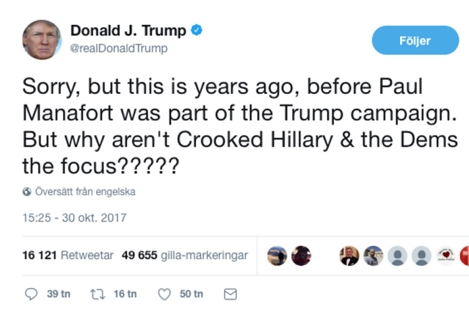 Denna tweet skickade Donald Trump på måndagseftermiddagen, svensk tid.