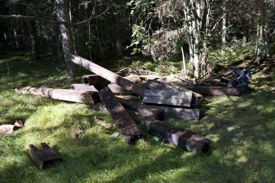 Grova sliprar, en mindre trappa i trä samt cementsäckar har dumpats i skogen på Hovshaga. Foto: Lina Alriksson