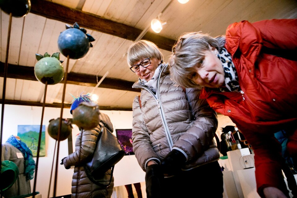 Två besökare tittar på Maria Magnussons verk ”Mariablomma” på Mästers galleri vid Svaneholms slott i Skurup.