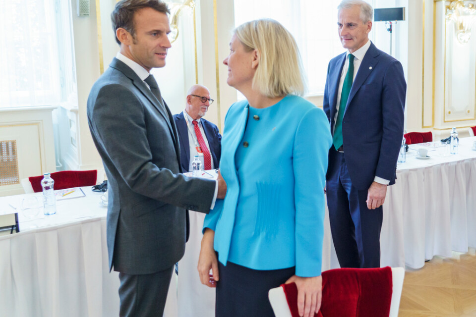Frankrikes president Emmanuel Macron, Sveriges statsminister Magdalena Andersson och Norges statsminister Jonas Gahr Støre.