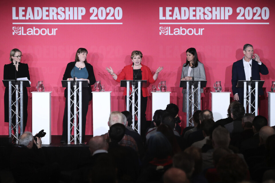 Labours ledarkandidater vid framträdandet i Liverpool, från vänster till höger: Rebecca Long-Bailey, Jess Phillips, Emily Thornberry, Lisa Nandy och Keir Starmer.