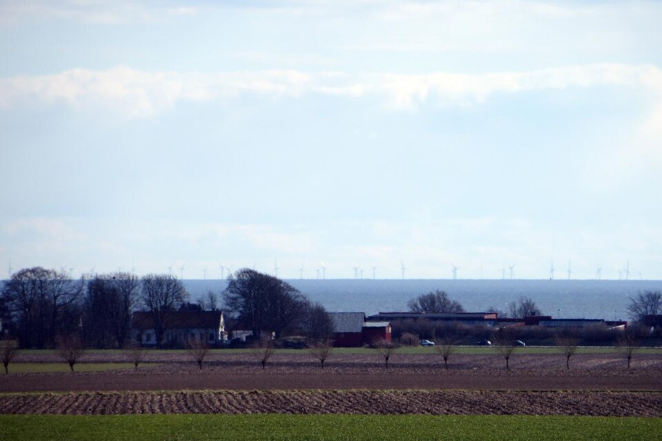 Här syns de havsbaserade vindkraftverken på Kriegers Flak från Gislövs by i Trelleborgs kommun. De ligger 30 kilometer från den sydskånska kusten.