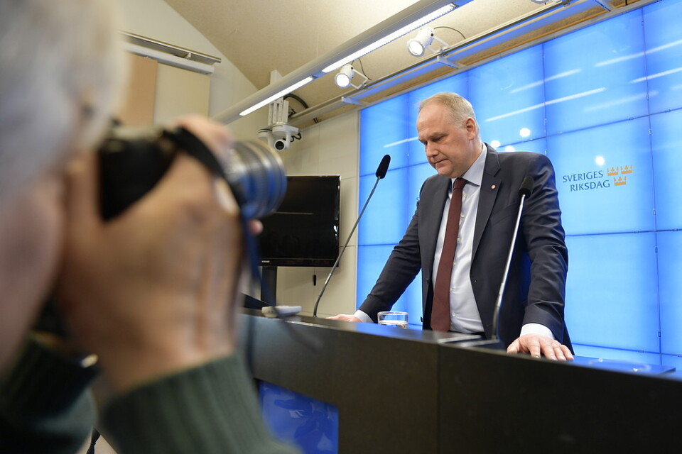 Vänsterpartiets partiledare Jonas Sjöstedt håller pressträff i riksdagens presscenter efter sitt möte med talmannen.