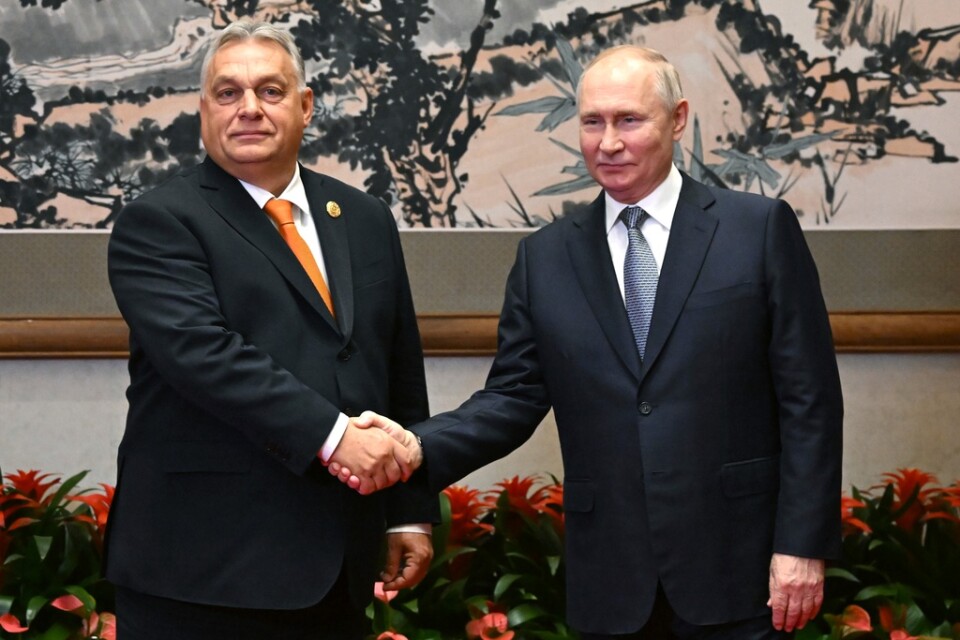 Ungerns premiärminister Viktor Orbán och Rysslands president Vladimir Putin i Peking på tisdagen.