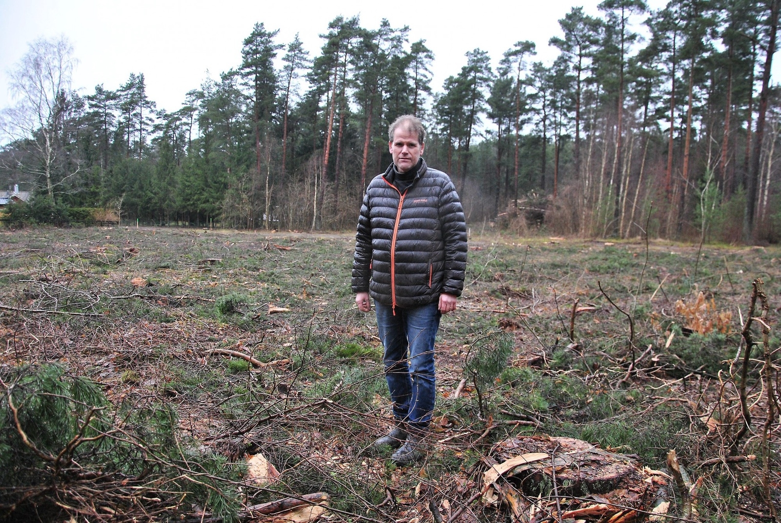 Thomas Nilsson vid det öppna området som tidigare var ett lummigt parti i Svansjö. Nu återstår bara stubbarna av de 180 träd som fälldes av misstag i samband med kommunens VA-arbete. 
Foto: Caroline Stenbäck