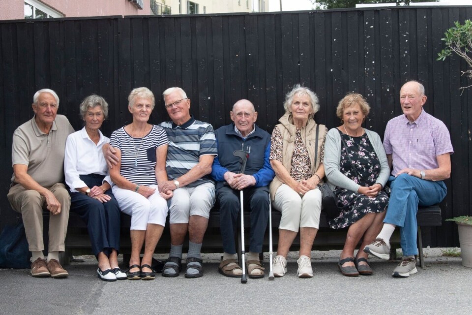 Fyra blekingska män träffades på lantbruksskolan för 63 år sedan och blev de bästa vänner. Sedan kom fruarna och gjorde vänskapen ännu mer hållfast. Från vänster: Bertil och Kerstin Nilsson, Ingrid och Karl-Gustaf Johansson, Thorsten och Berit Johansson samt Åke och Marianne Ivarsson.