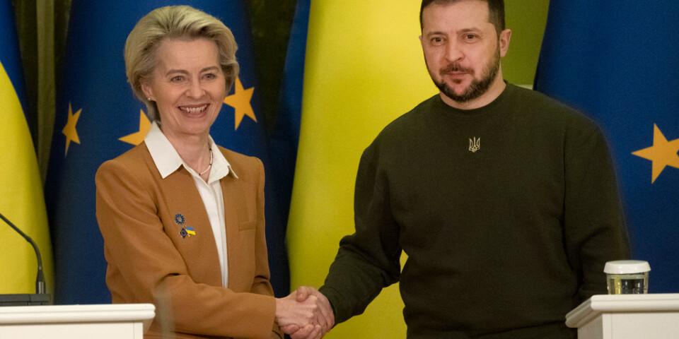 EU-kommissionens ordförande Ursula von der Leyen tillsammans med Ukrainas president Volodymyr Zelenskyj i Kiev på torsdagen.