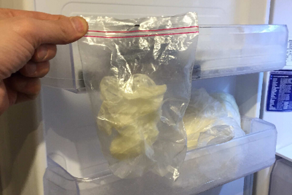 I frysen hittade polisen en mindre mängd amfetamin. Desto mer återfanns uppe på ett badrumsskåp.